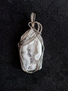 Handcrafted White and Gray Agate Pendant Wrapped in Sterling Silver Wire